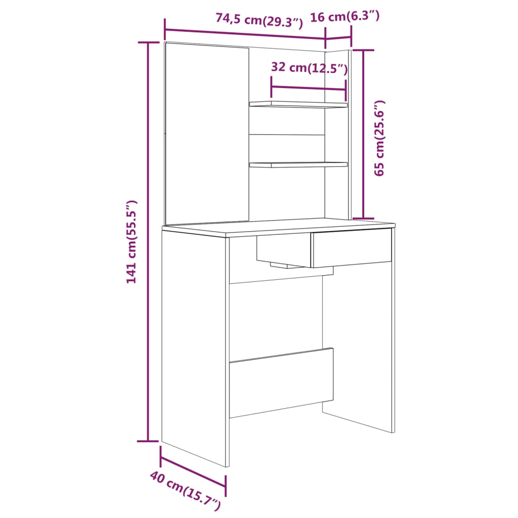 Sminkbord set rökfärgad ek 74,5x40x141 cm