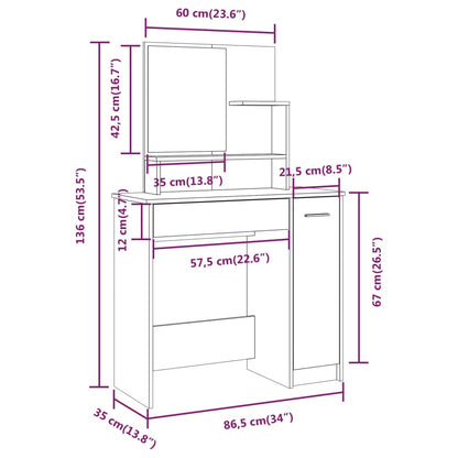 Sminkbord set vit 86,5x35x136 cm