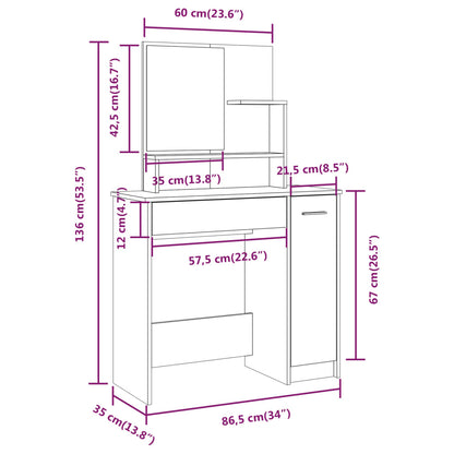 Sminkbord set sonoma-ek 86,5x35x136 cm