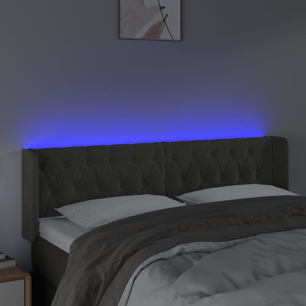 Sänggavel LED mörkgrå 163x16x78/88 cm sammet