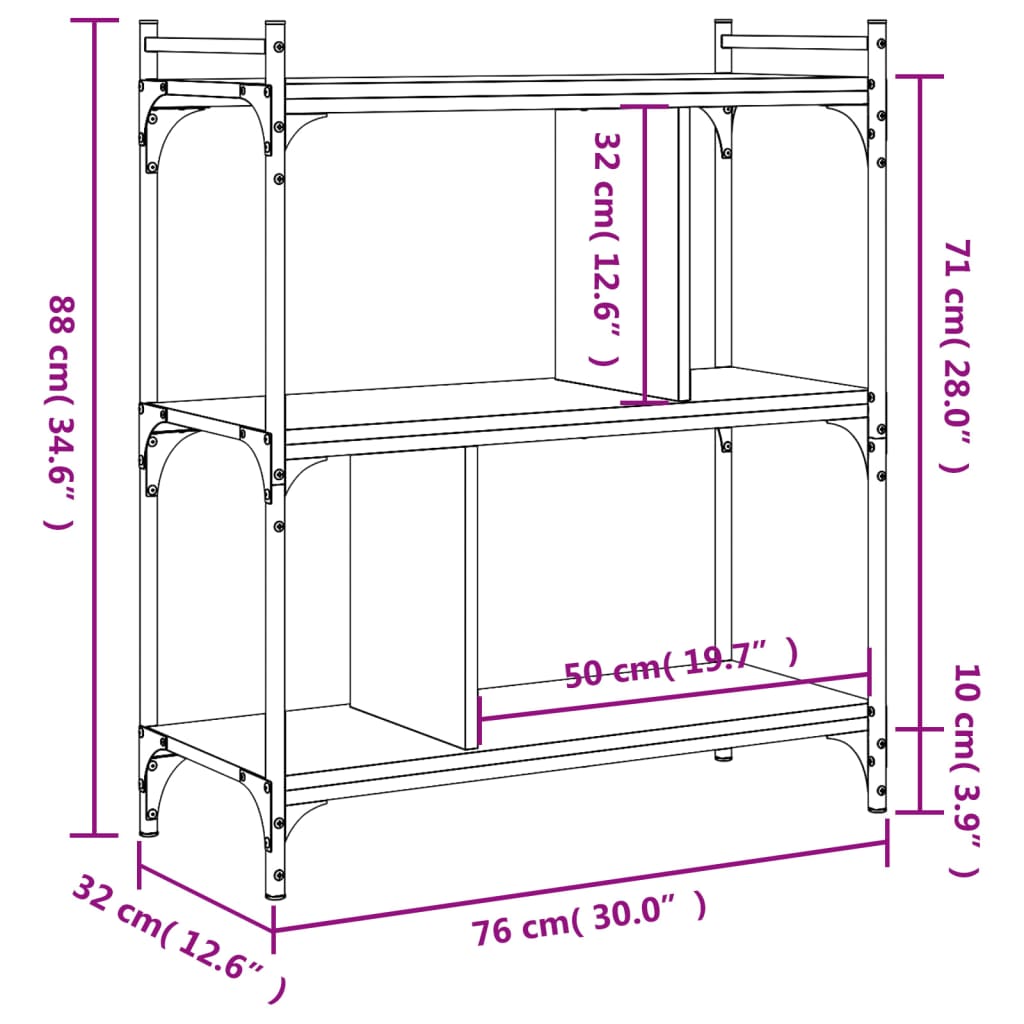 Bokhylla 3 hyllplan svart 76x32x88 cm konstruerat trä