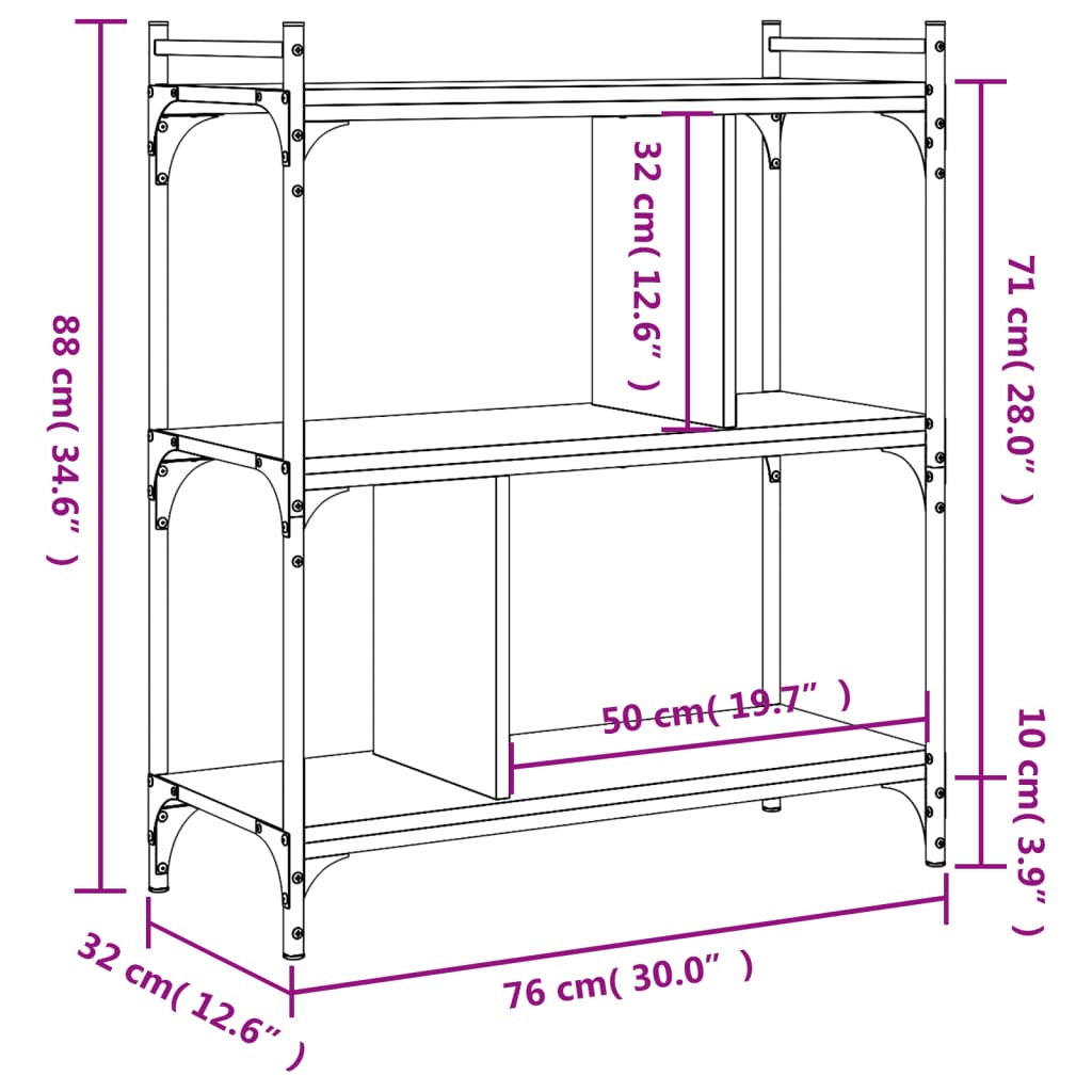 Bokhylla 3 hyllplan sonoma-ek 76x32x88 cm konstruerat trä