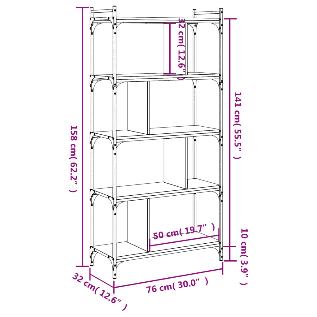 Bokhylla 5 hyllplan rökfärgad ek 76x32x158 cm konstruerat trä