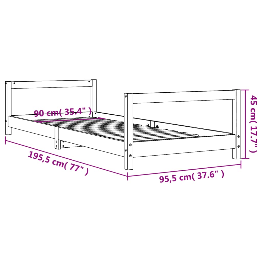 Sängram för barn vit 90x190 cm massiv furu