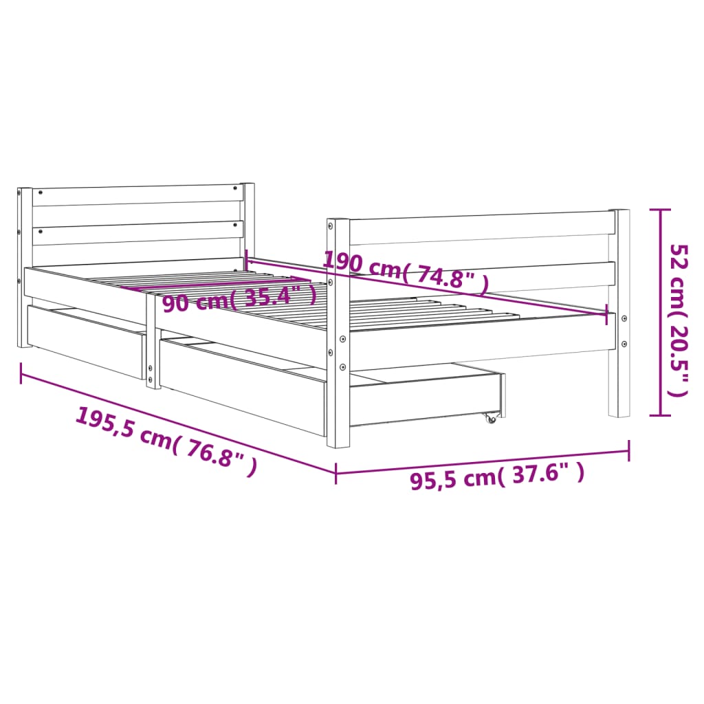 Sängram med lådor för barn vit 90x190 cm massiv furu