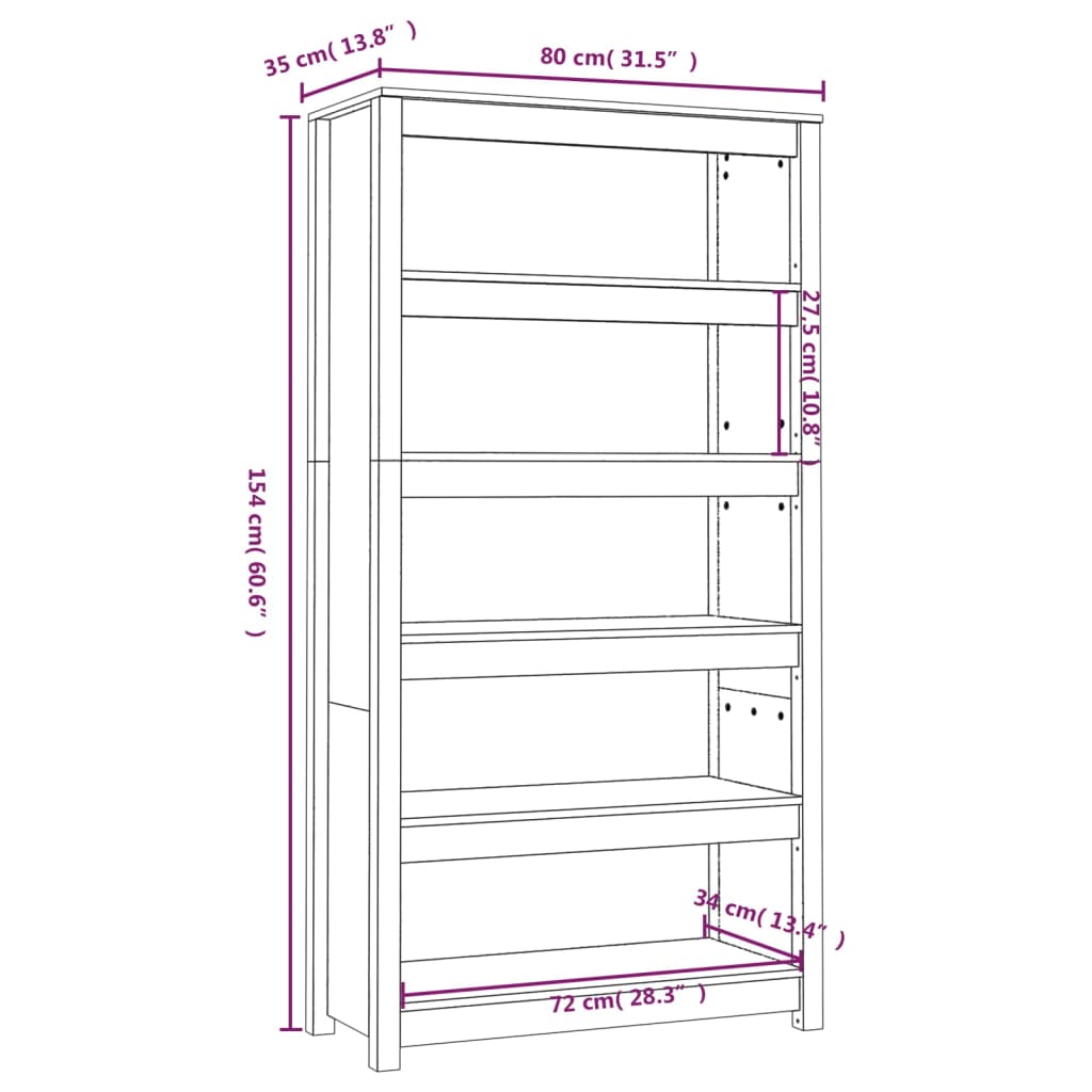 Bokhylla vit 80x35x154 cm massiv furu