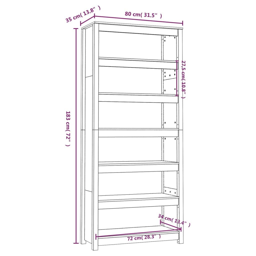 Bokhylla 80x35x183 cm massiv furu