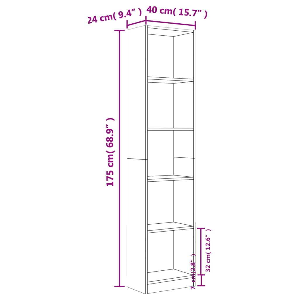 Bokhylla 5 hyllor rökfärgad ek 40x24x175 cm konstruerat trä