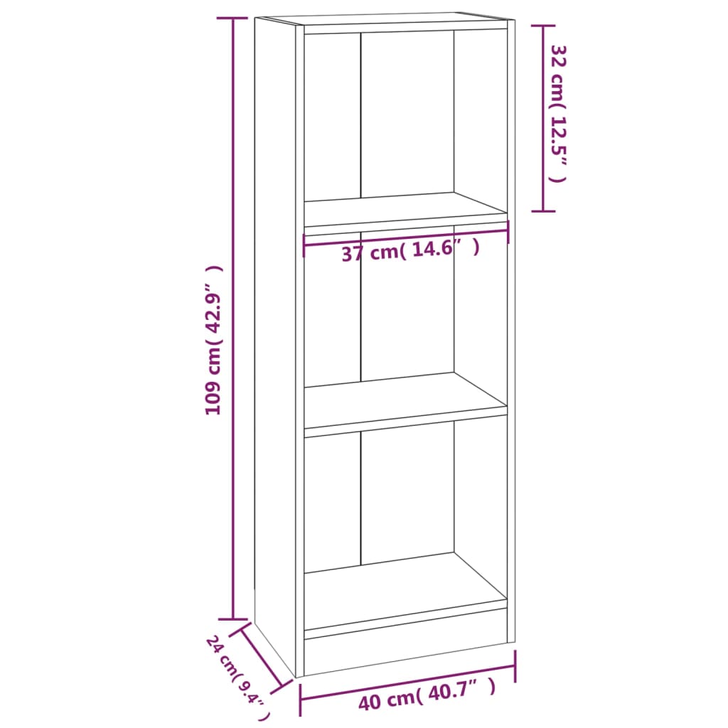 Bokhylla 3 hyllor rökfärgad ek 40x24x109 cm konstruerat trä