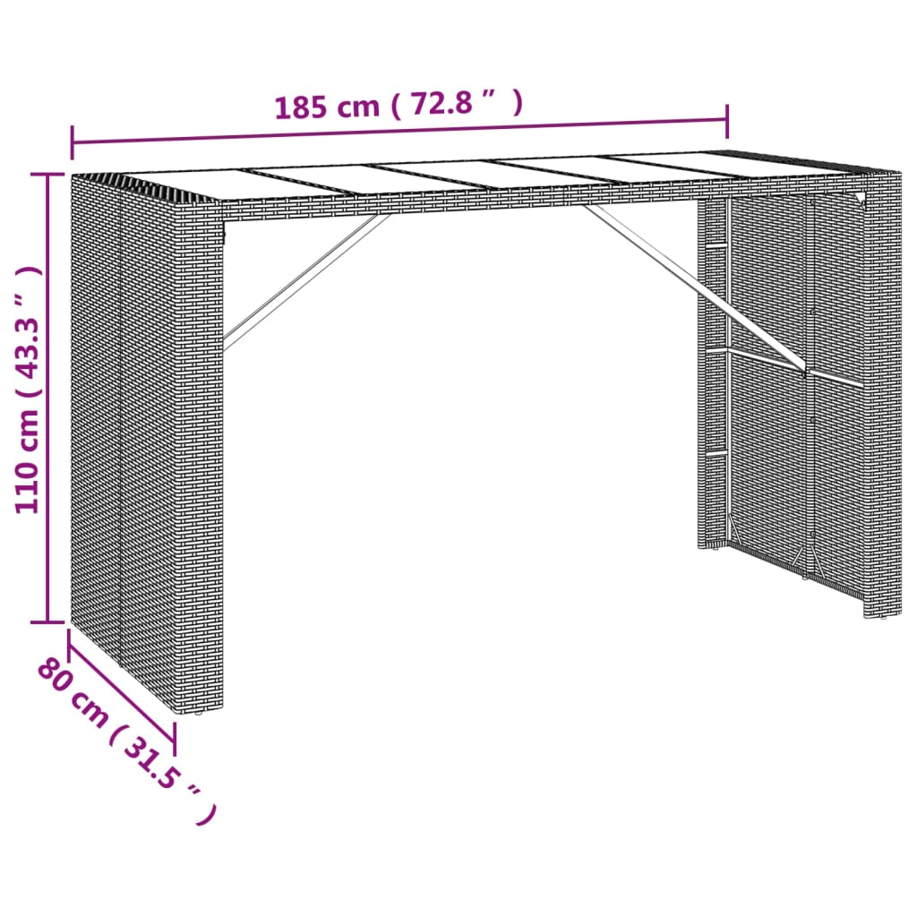 Barbord med glasskiva svart 185x80x110 cm konstrotting