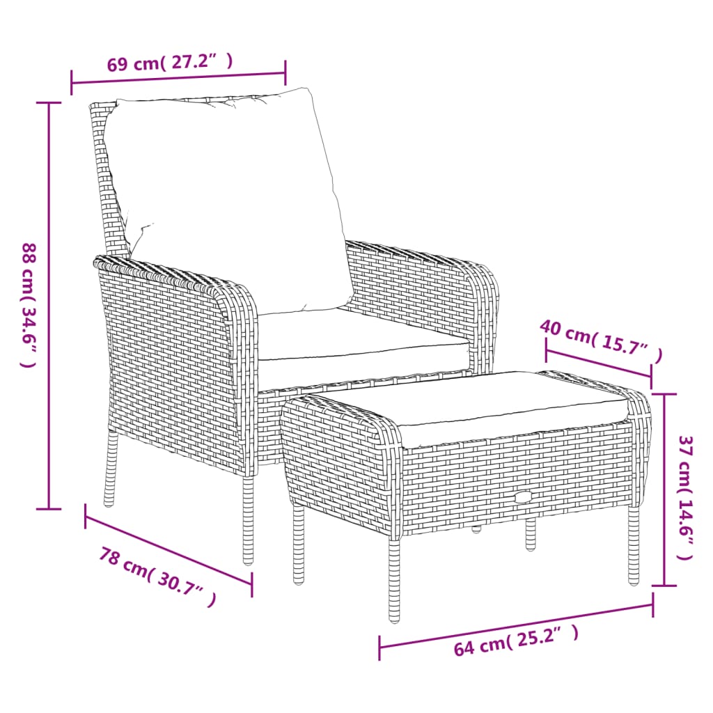 Reclinerstol för trädgården med fotpall grå konstrotting