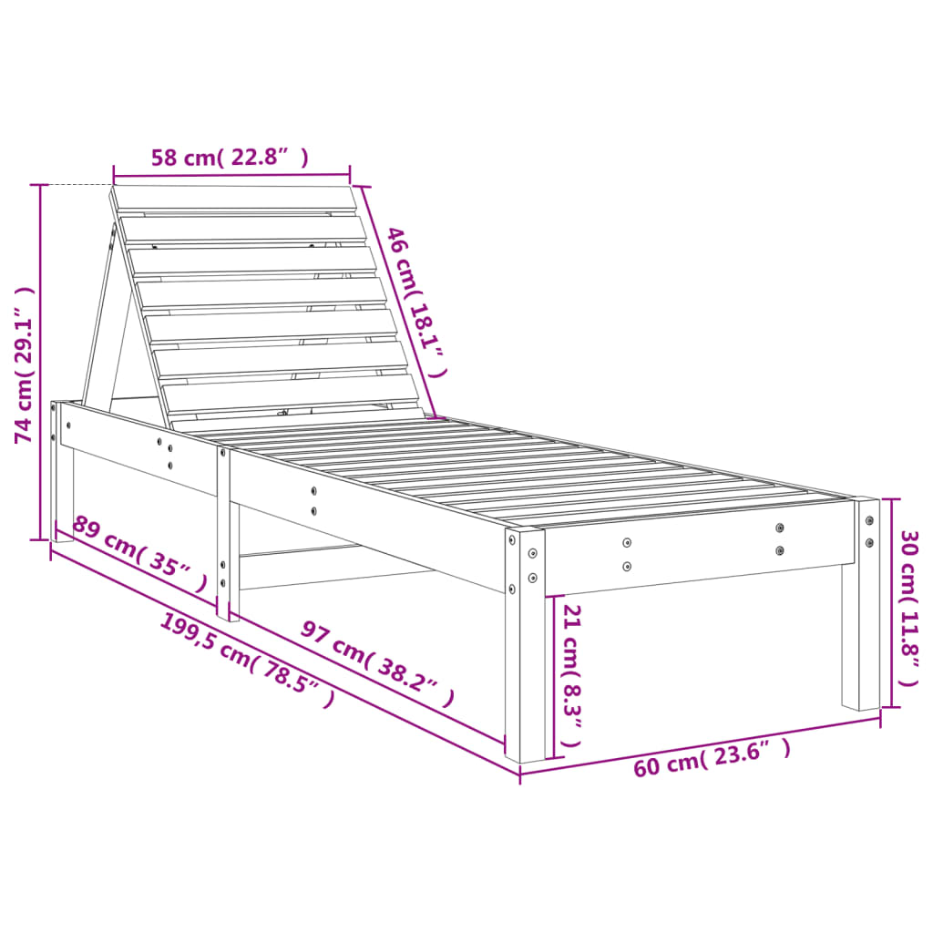 Solsäng vit 199,5x60x74 cm massiv furu