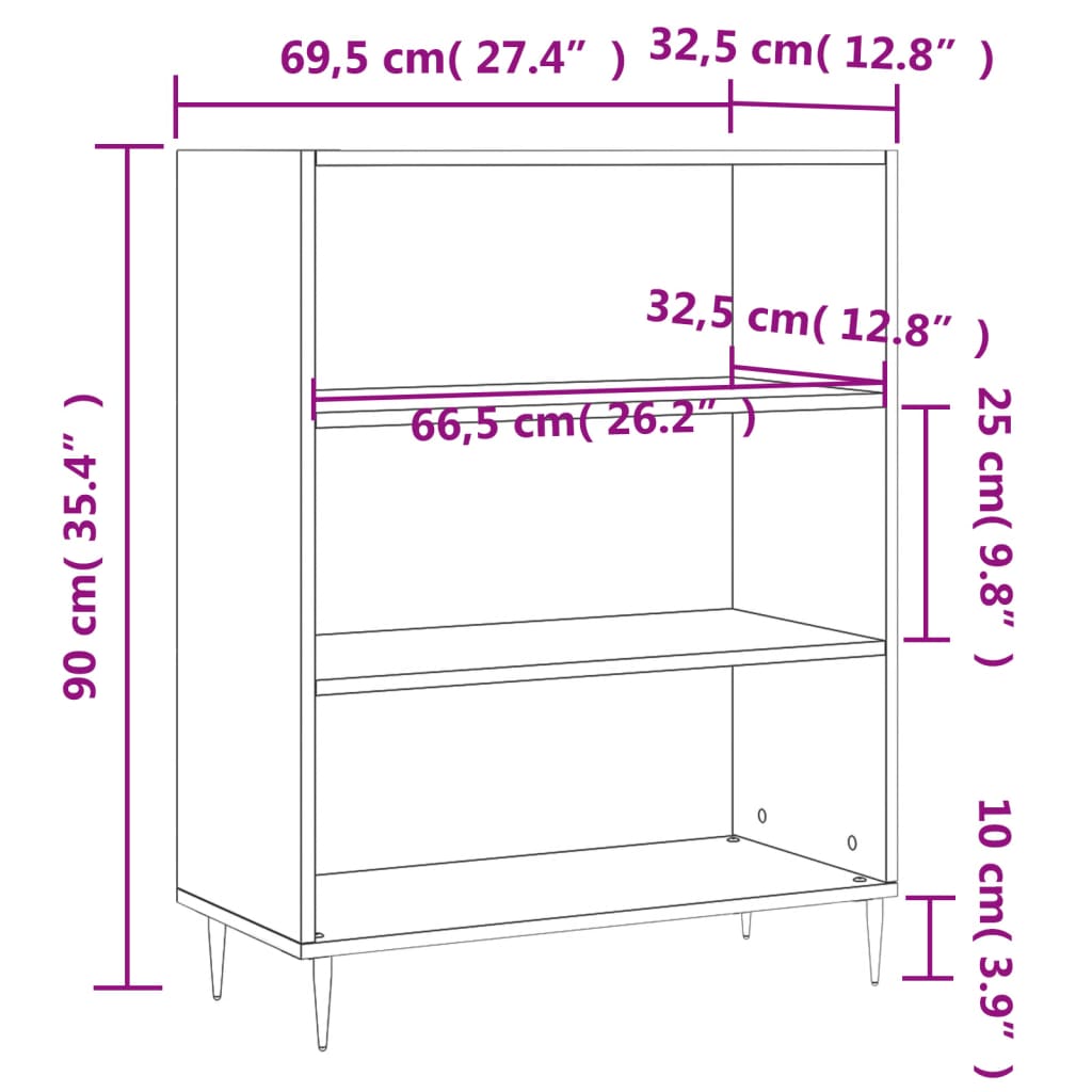 Bokhylla vit högglans 69,5x32,5x90 cm konstruerat trä