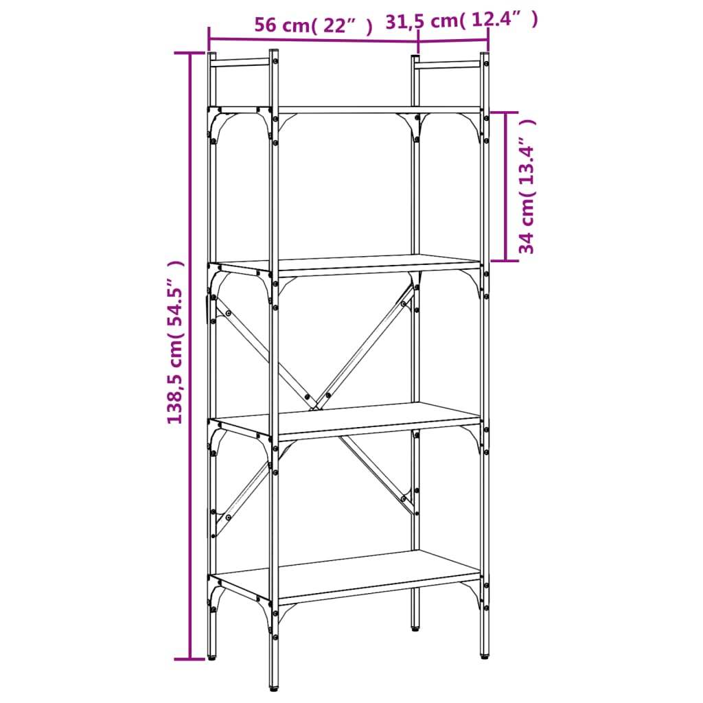 Bokhylla med 4 hyllplan svart 56x31,5x138,5 cm konstruerat trä