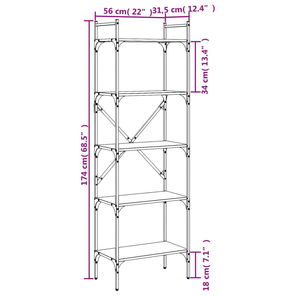 Bokhylla 5 hyllplan brun ek 56x31,5x174 cm konstruerat trä