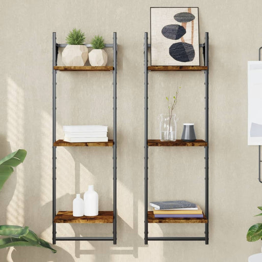 Vägghyllor 3-plan med stänger 2 st rökfärgad ek 30x25x100 cm