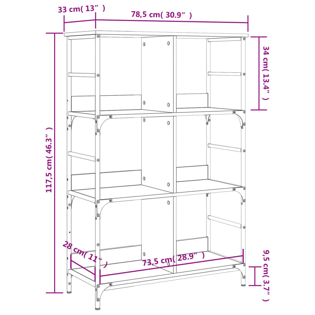 Bokhylla sonoma-ek 78,5x33x117,5 cm konstruerat trä