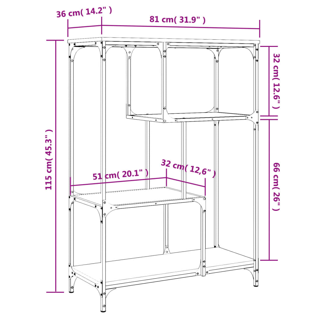 Bokhylla sonoma-ek 81x36x115 cm konstruerat trä och stål