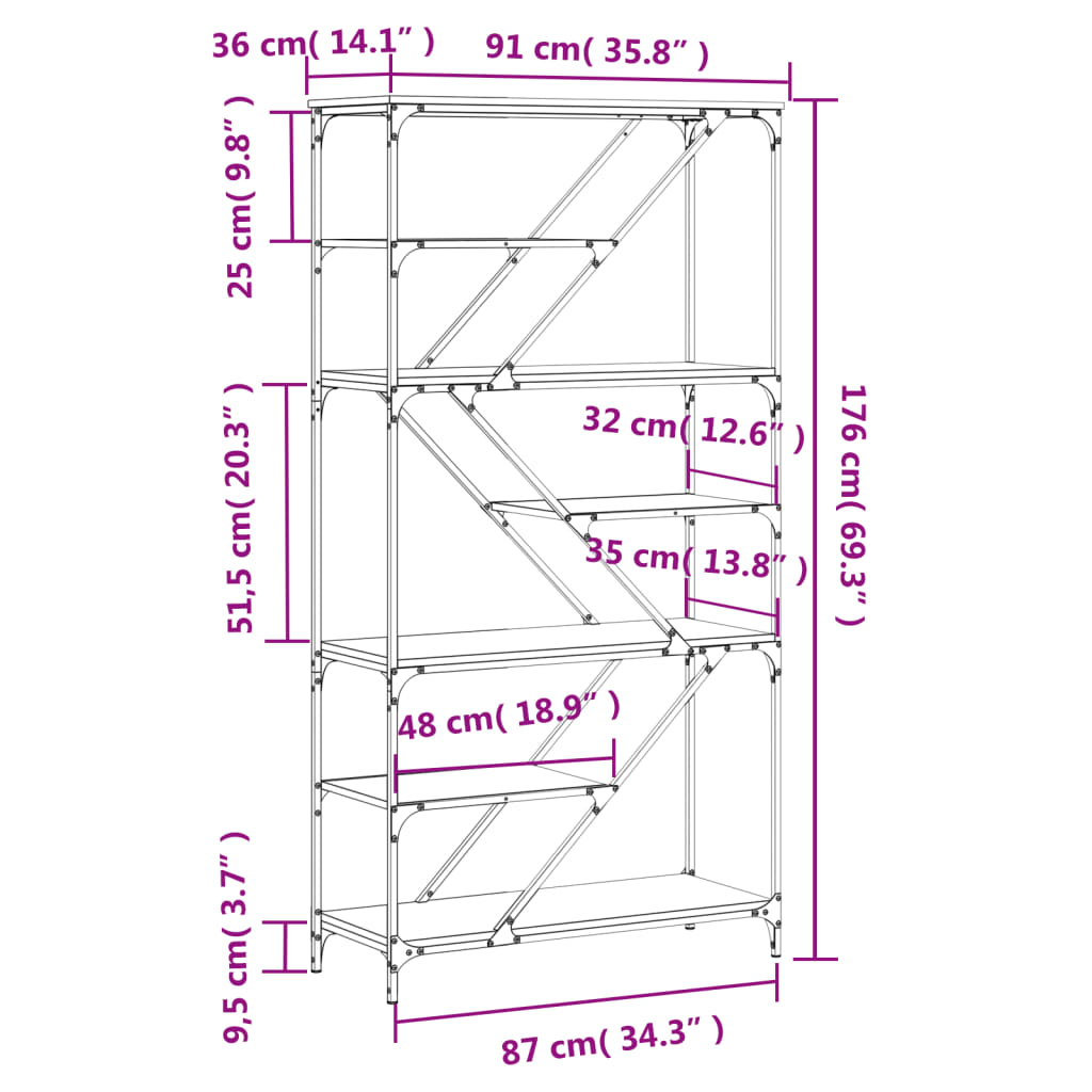 Bokhylla rökfärgad ek 91x36x176 cm konstruerat trä och stål