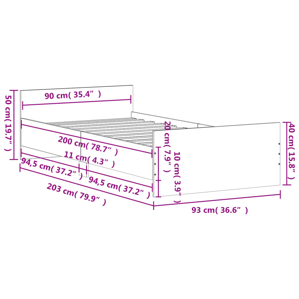 Sängram utan madrass sonoma-ek 90x200 cm konstruerad trä