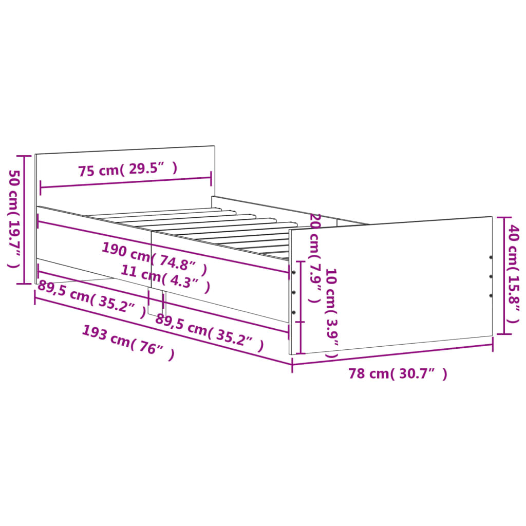 Sängram utan madrass rökfärgad ek 75x190 cm konstruerad trä