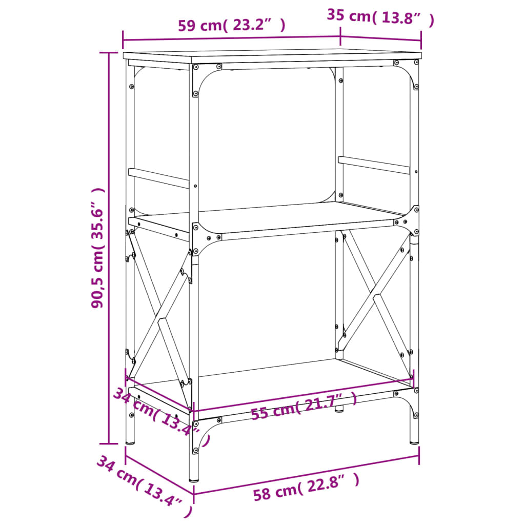 Bokhylla 3 hyllplan rökfärgad ek 59x35x90,5 cm konstruerat trä