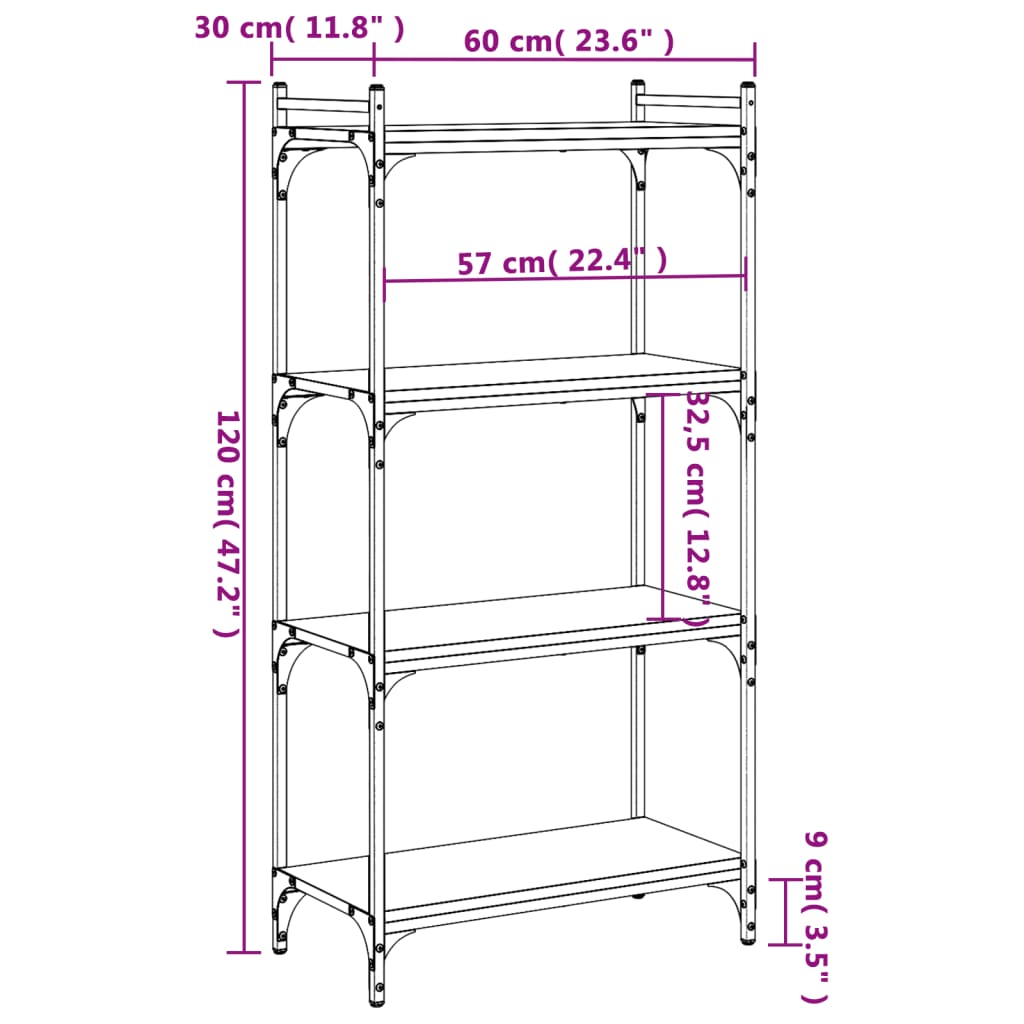 Bokhylla 4 hyllplan sonoma-ek 60x30x120 cm konstruerat trä