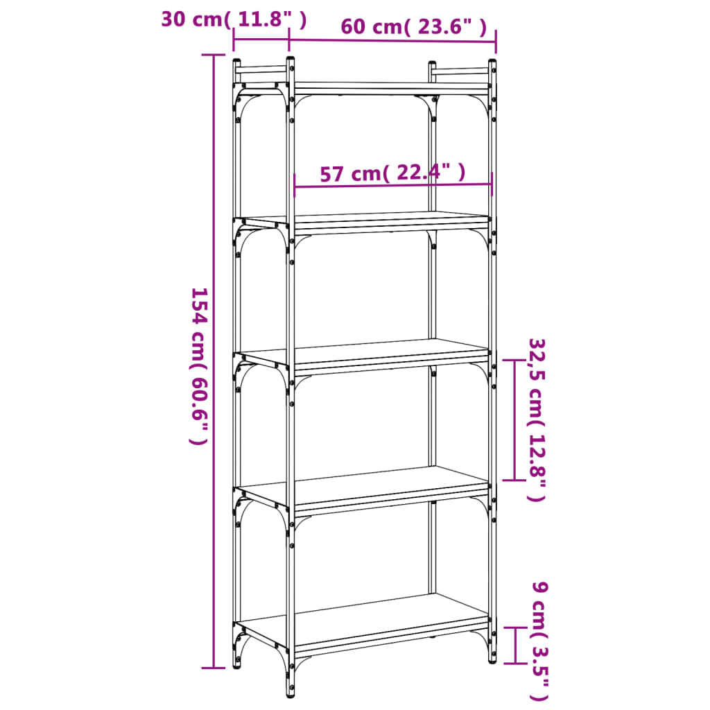 Bokhylla 5 hyllplan sonoma-ek 60x30x154 cm konstruerat trä