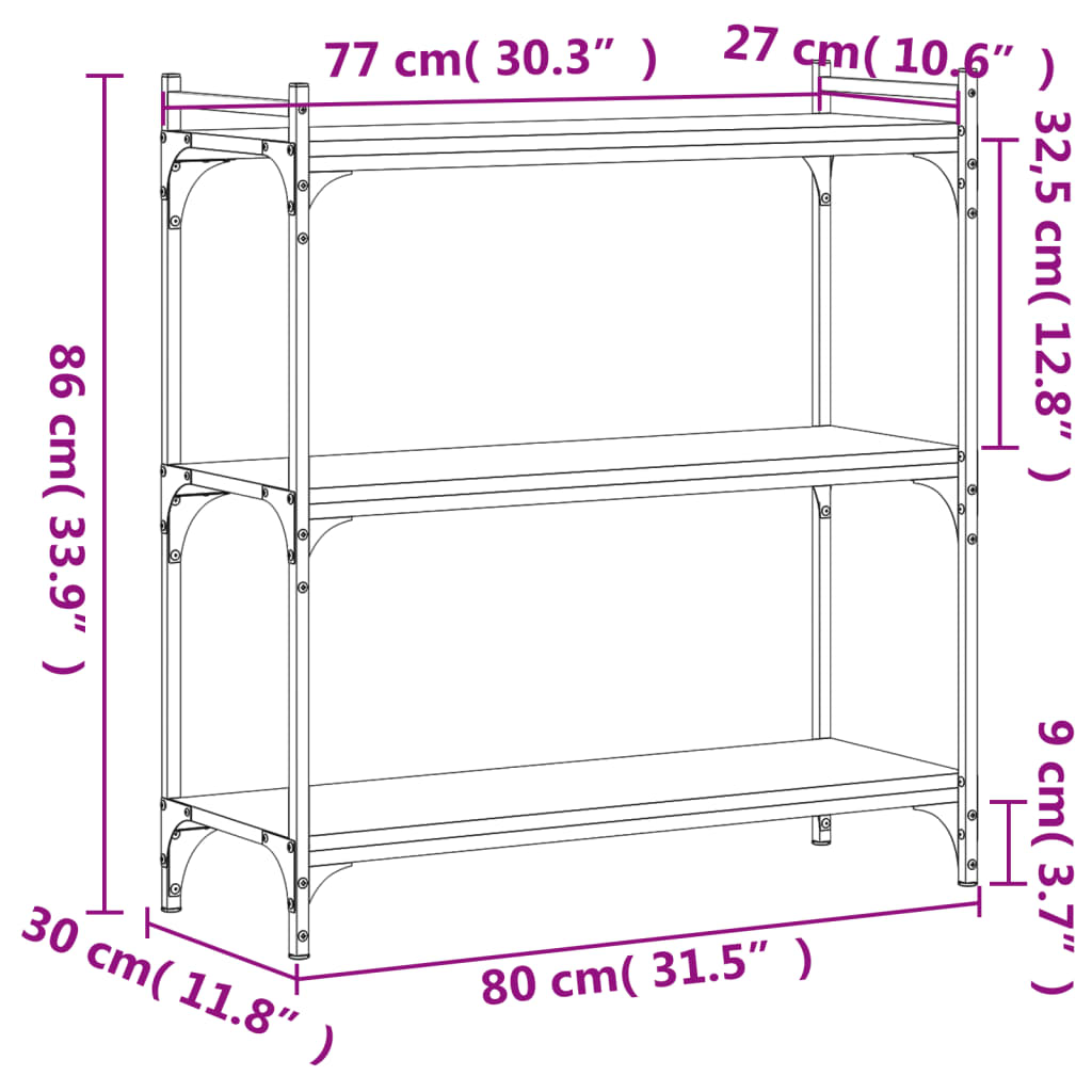 Bokhylla 3 hyllplan sonoma-ek 80x30x86 cm konstruerat trä