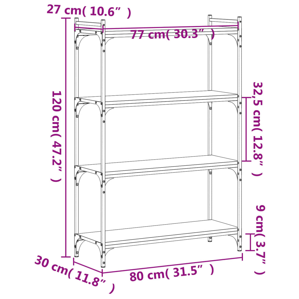 Bokhylla 4 hyllplan sonoma-ek 80x30x120 cm konstruerat trä