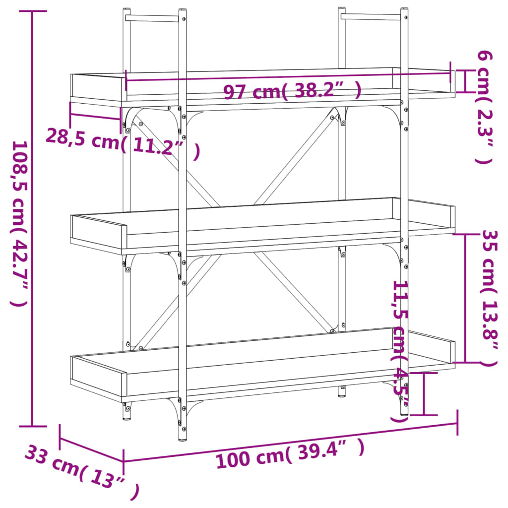 Bokhylla 3 hyllplan brun ek 100x33x108,5 cm konstruerat trä