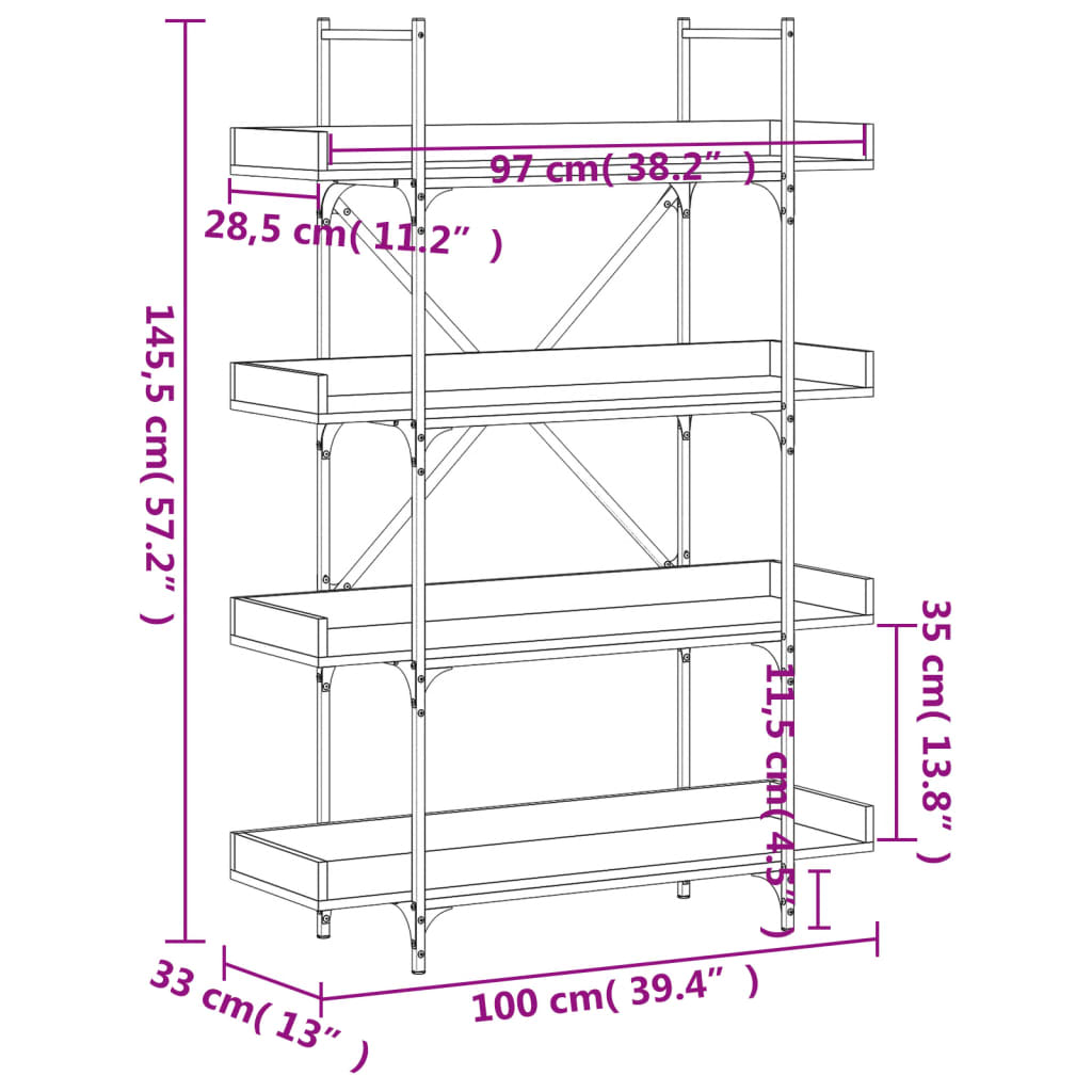 Bokhylla 4 hyllplan sonoma-ek 100x33x145,5 cm konstruerat trä