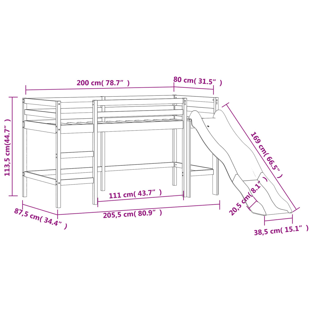 Loftsäng med rutschkana vit 80x200 cm massiv furu