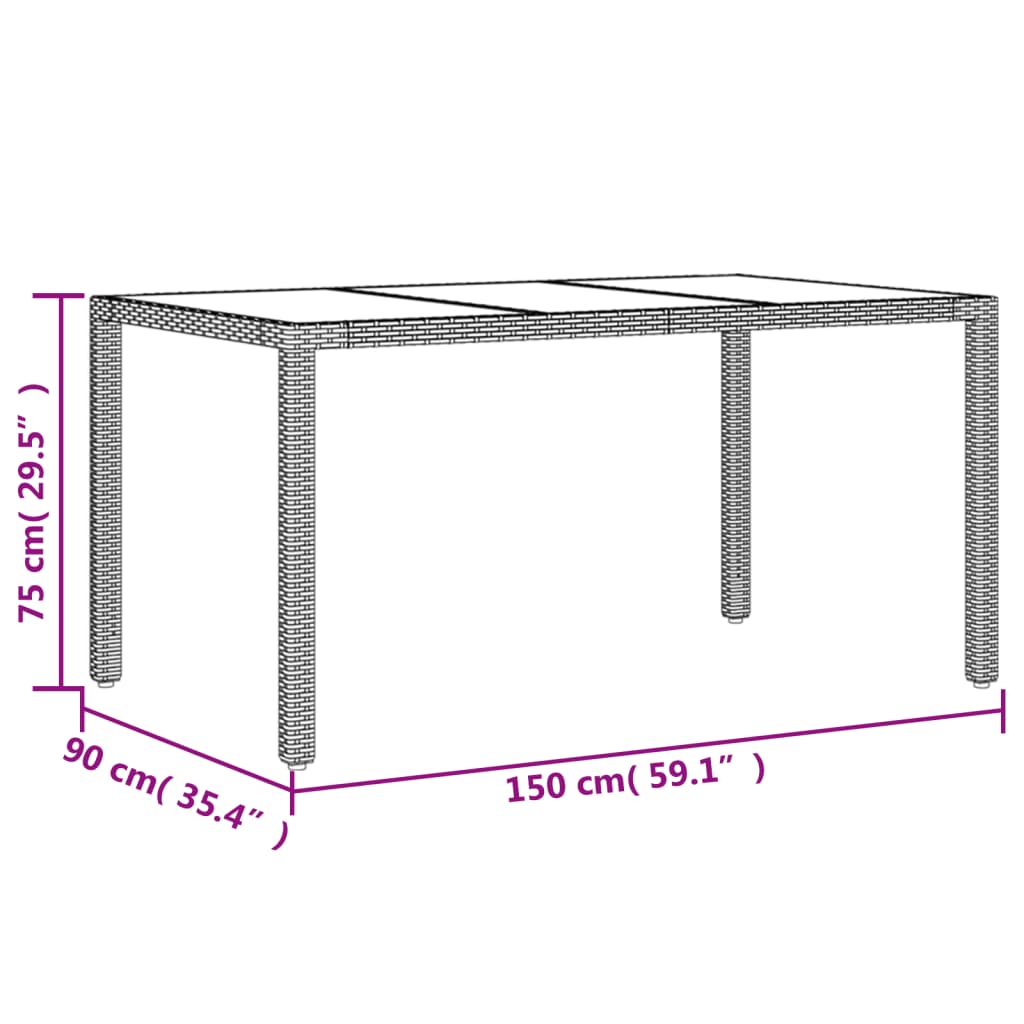 Trädgårdsbord med glasskiva brun 150x90x75 cm konstrotting