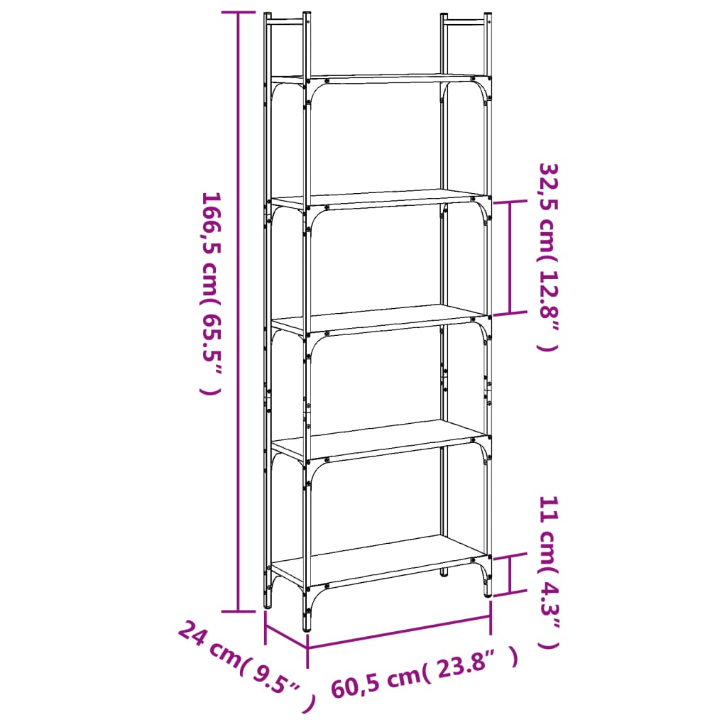 Bokhylla 5 hyllplan svart 60,5x24x166,5 cm konstruerat trä