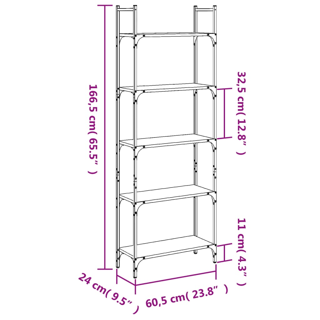 Bokhylla 5 hyllplan grå sonoma 60,5x24x166,5 cm konstruerat trä