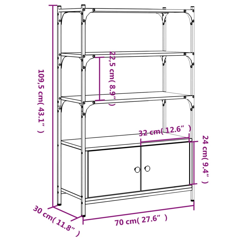 Bokhylla 3 hyllplan svart 70x30x109,5 cm konstruerat trä