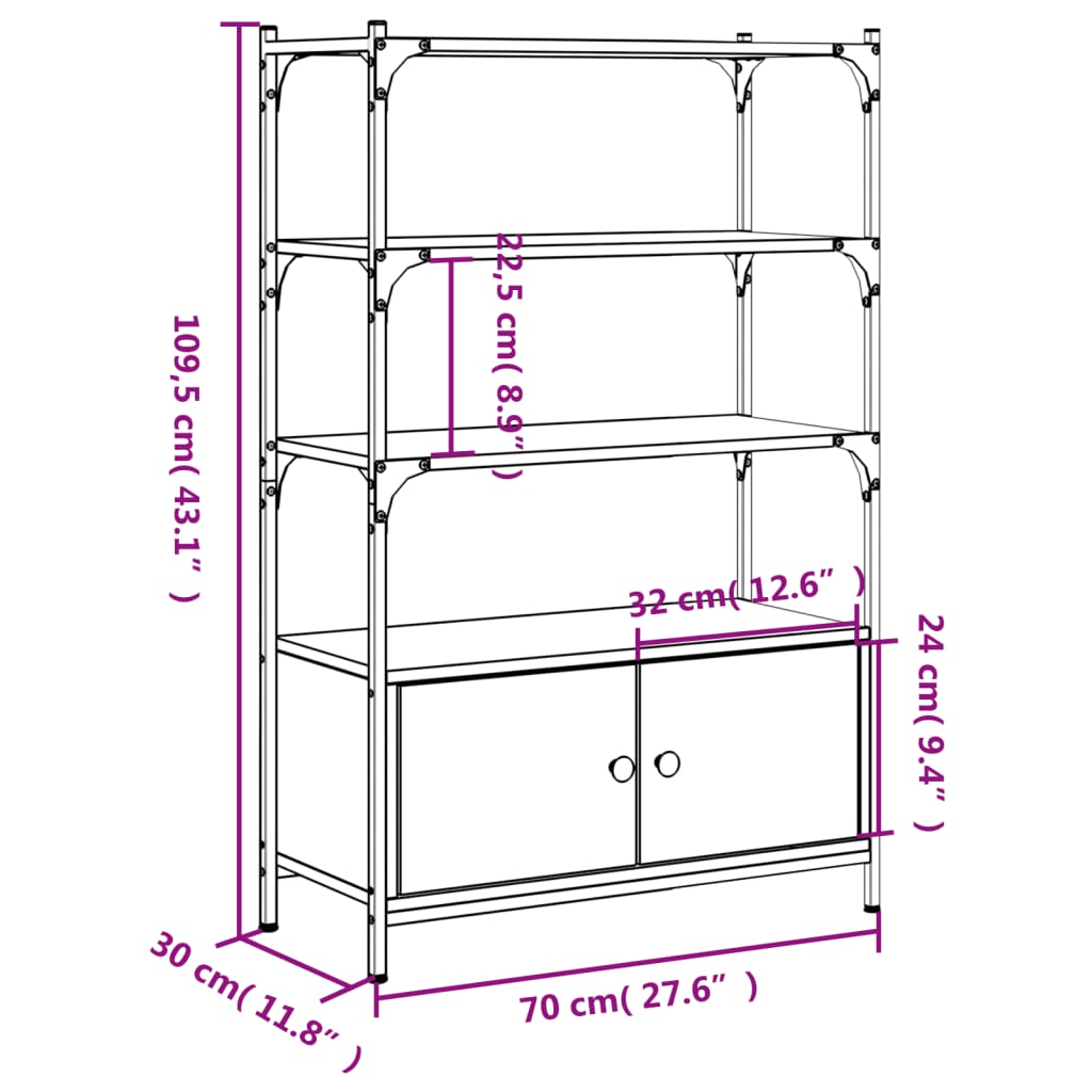 Bokhylla 3 hyllplan grå sonoma 70x30x109,5 cm konstruerat trä