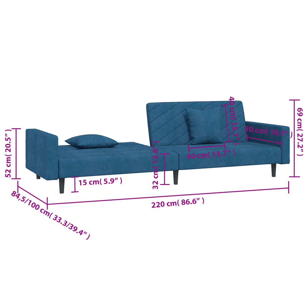 Bäddsoffa 2-sits med två kuddar blå sammet