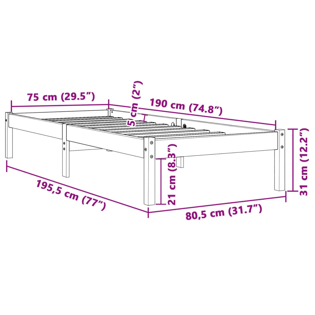 Sängram utan madrass vaxbrun 75x190 cm massiv furu