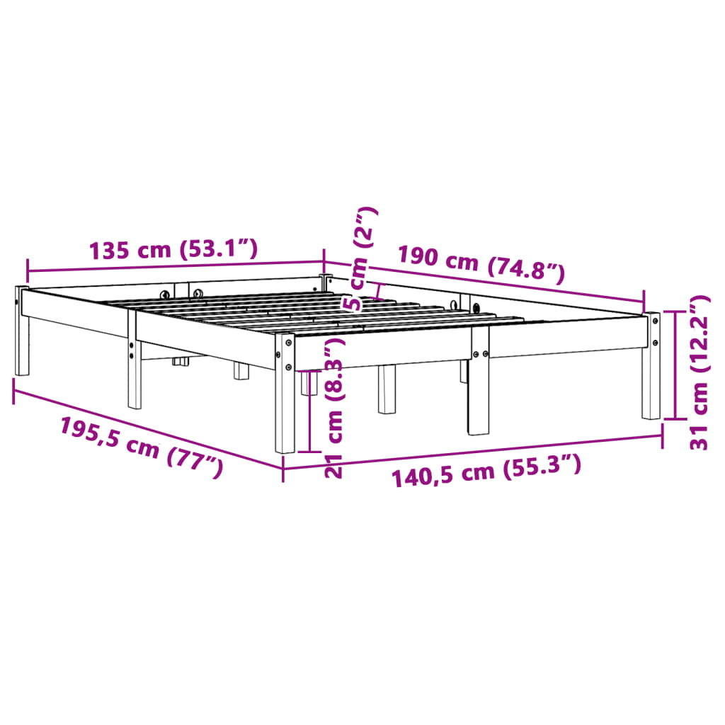 Sängram utan madrass vaxbrun 135x190 cm massiv furu