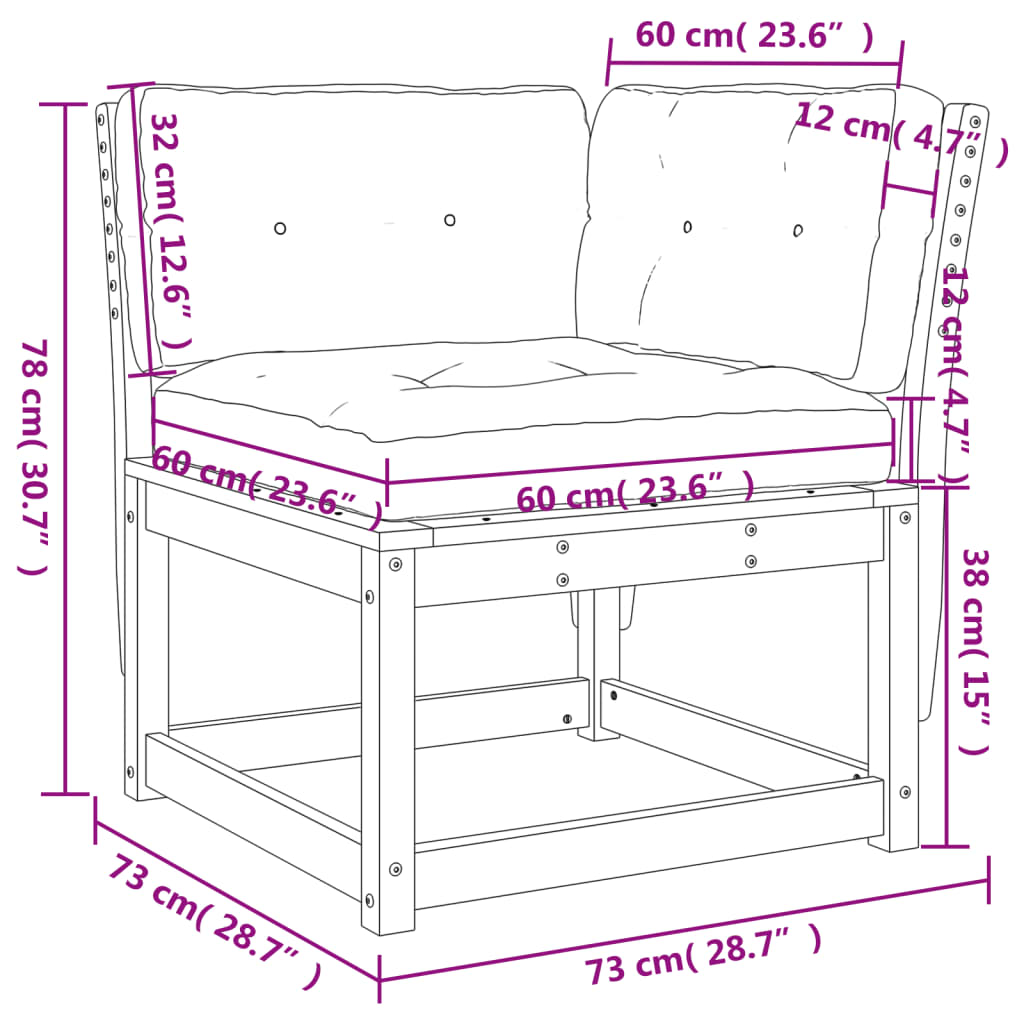 Trädgårdssoffa hörn med dynor 73x73x78 cm massivt douglasträ