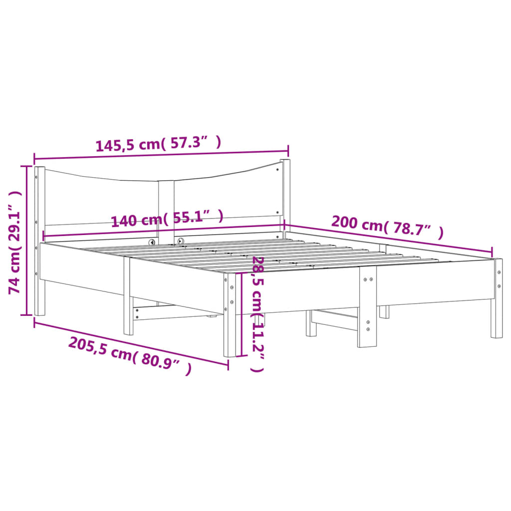 Sängram utan madrass vit 140x200 cm massiv furu