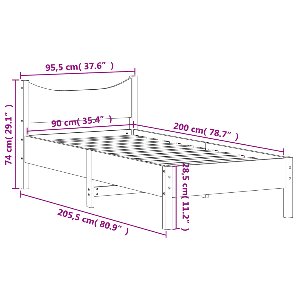 Sängram utan madrass 90x200 cm massiv furu