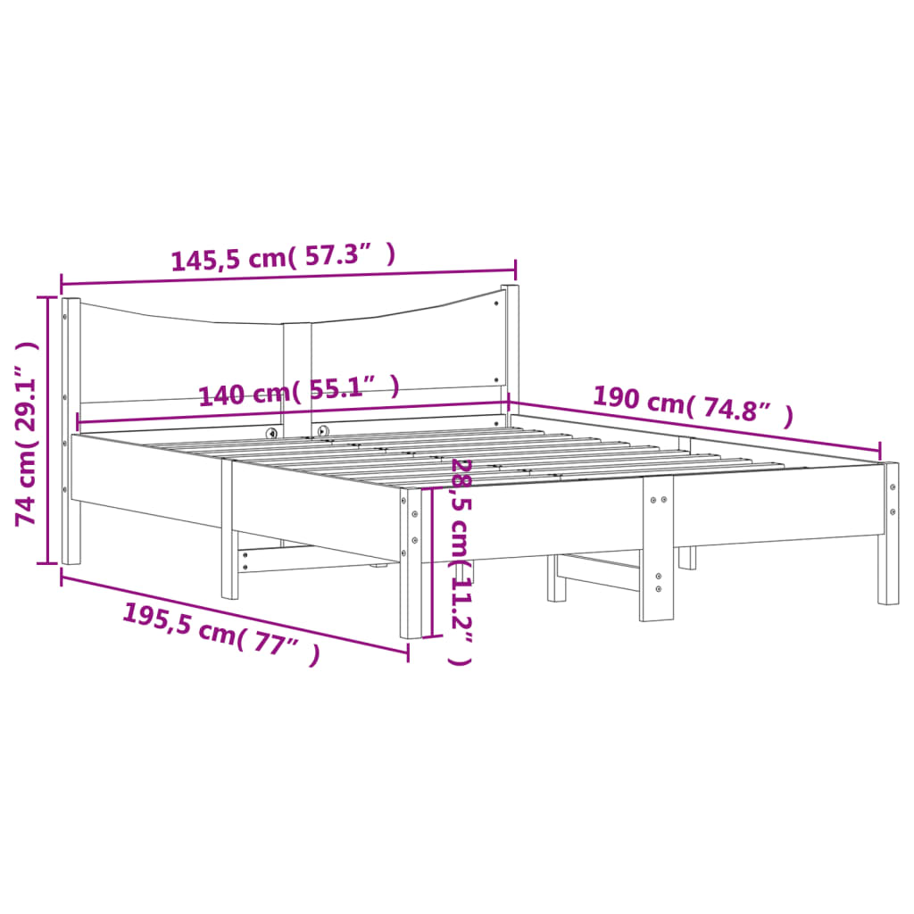 Sängram utan madrass 140x190 cm massiv furu