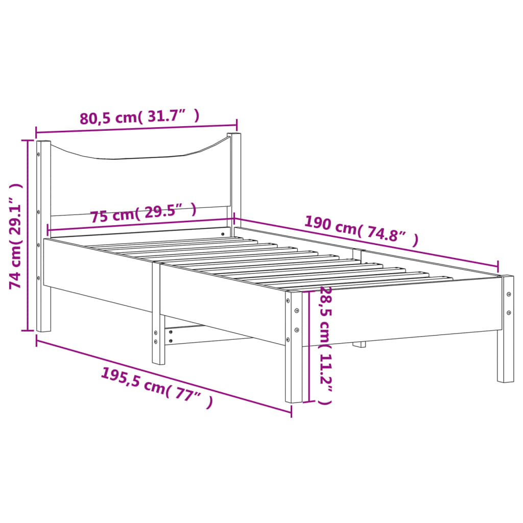 Sängram utan madrass 75x190 cm massiv furu