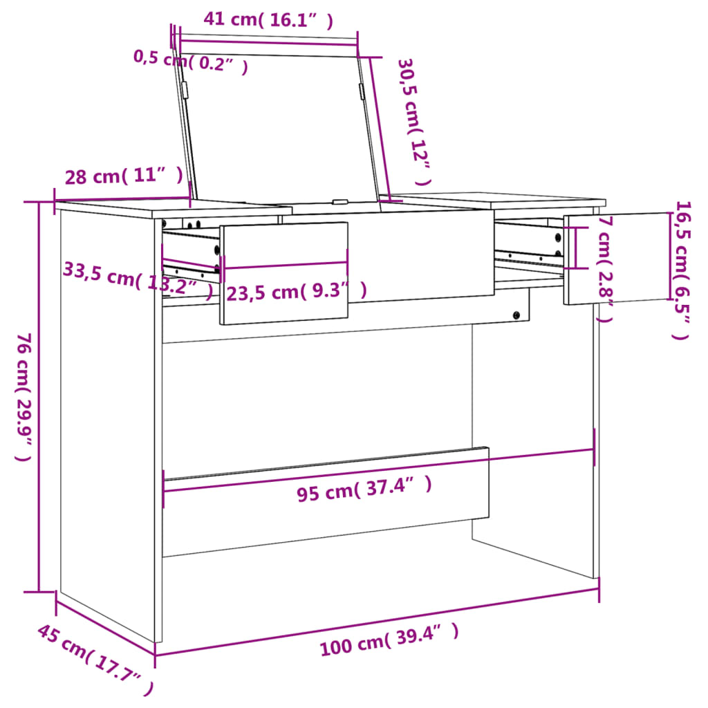 Sminkbord med spegel vit 100x45x76 cm