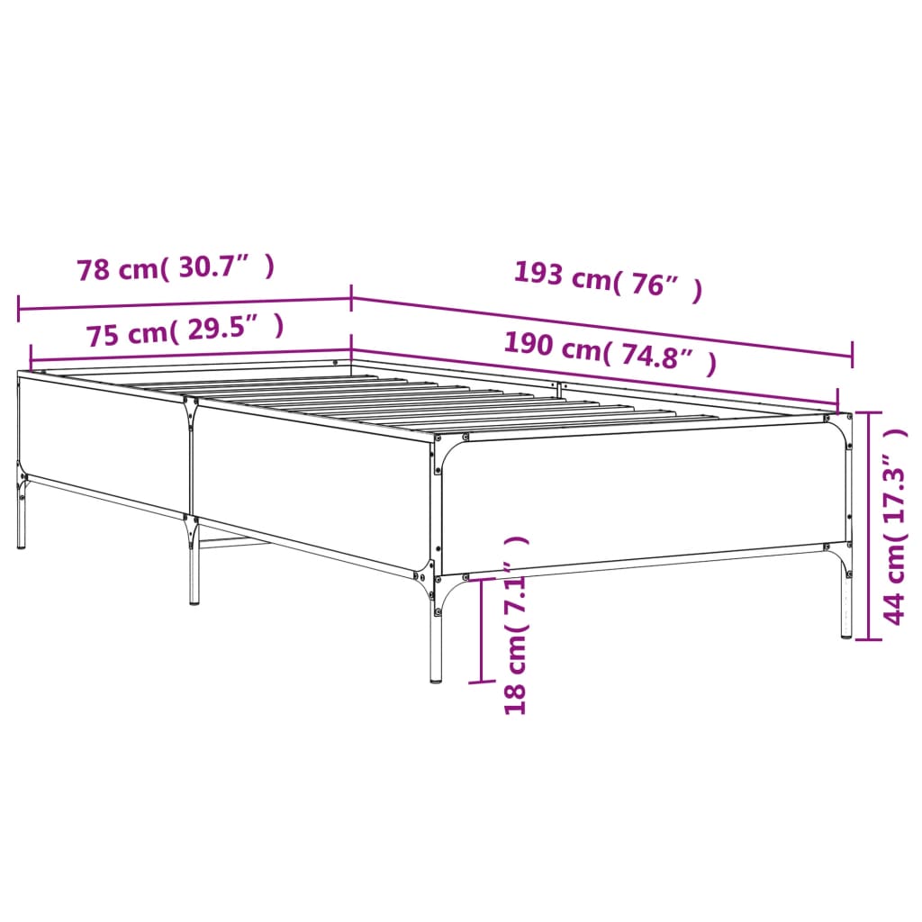 Sängram sonoma-ek 75x190 cm konstruerat trä och metall