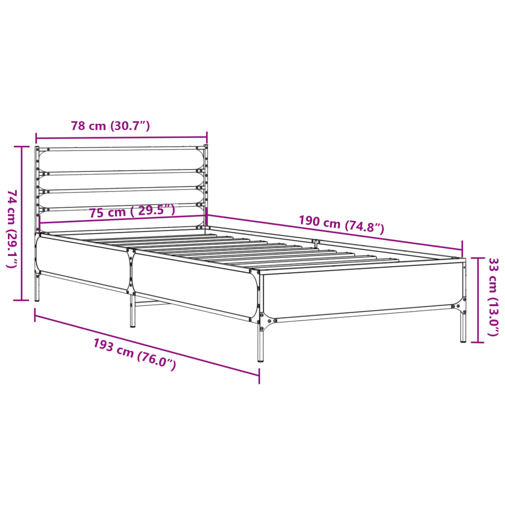 Sängram svart 75x190 cm konstruerat trä och metall