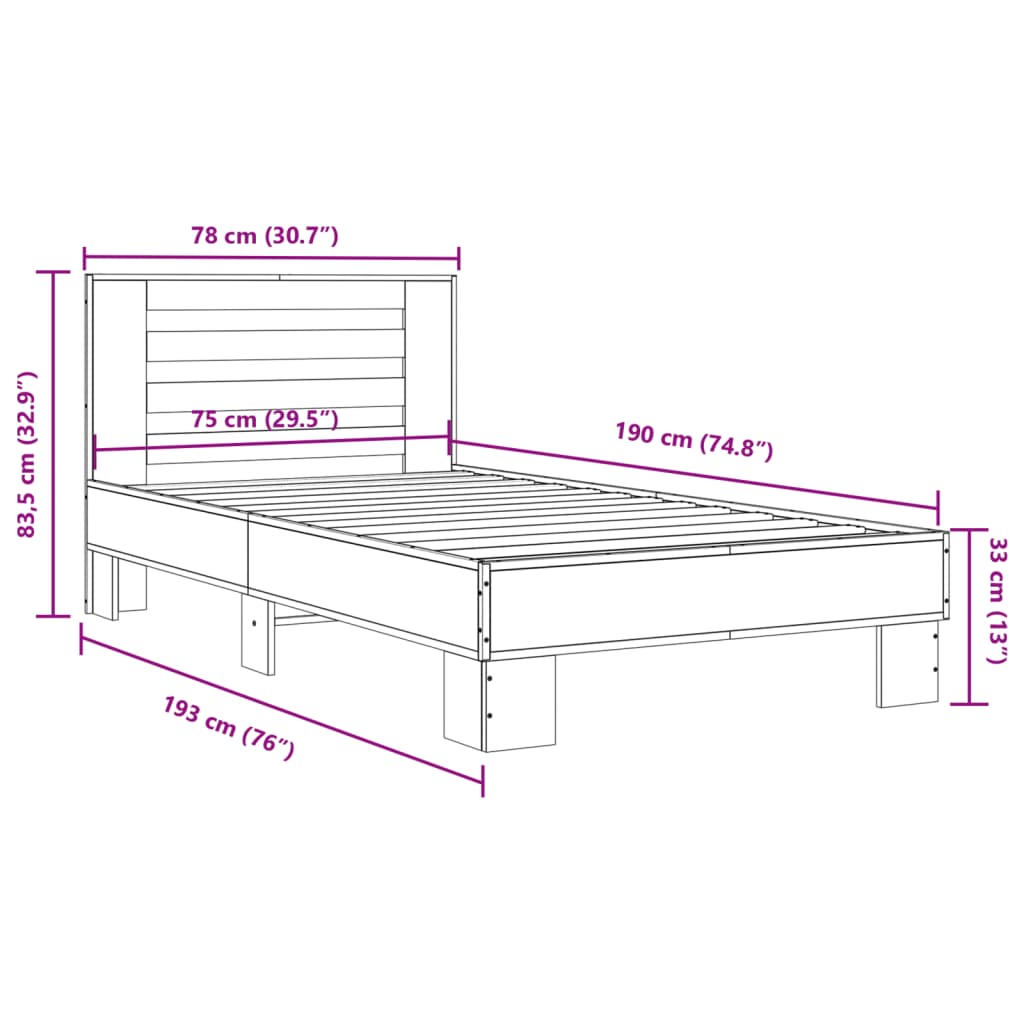 Sängram rökfärgad ek 75x190 cm konstruerat trä och metall